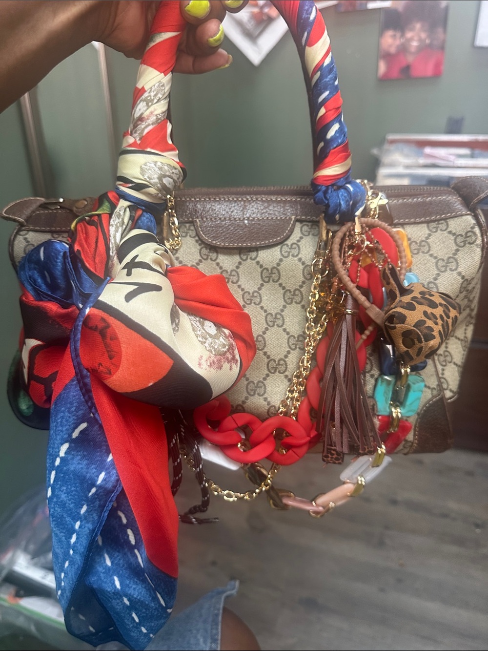 Gucci Beige GG Canvas Satchel with Dark Brown Leather Trim